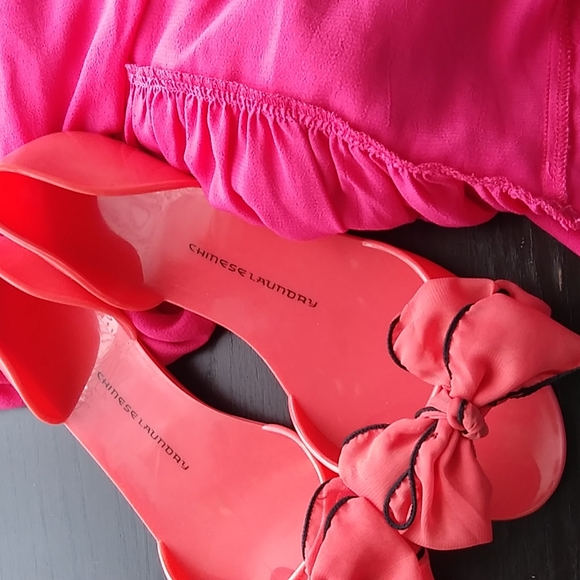 Women's Rubber Flats Open Toe Sandals w Bow Pink Coral - Picture 8 of 12